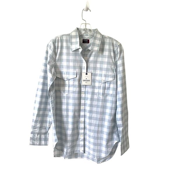 UNTUCKit Plaid Button Down Collared Blouse Shirt Light Blue White Size 0 NEW - Picture 1 of 10